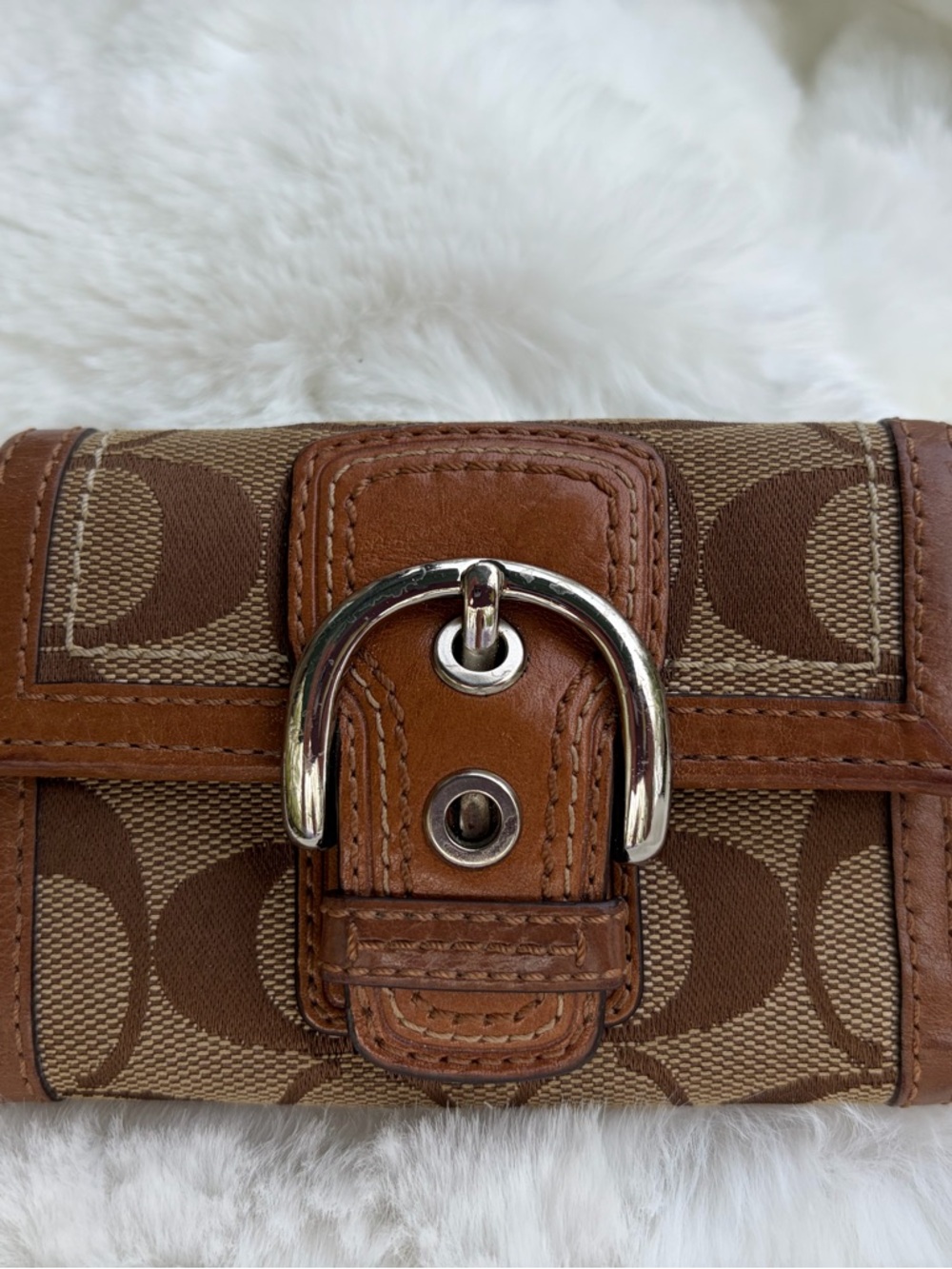 Vintage Coach Brown Signature Canvas Wallet with Silver Buckle